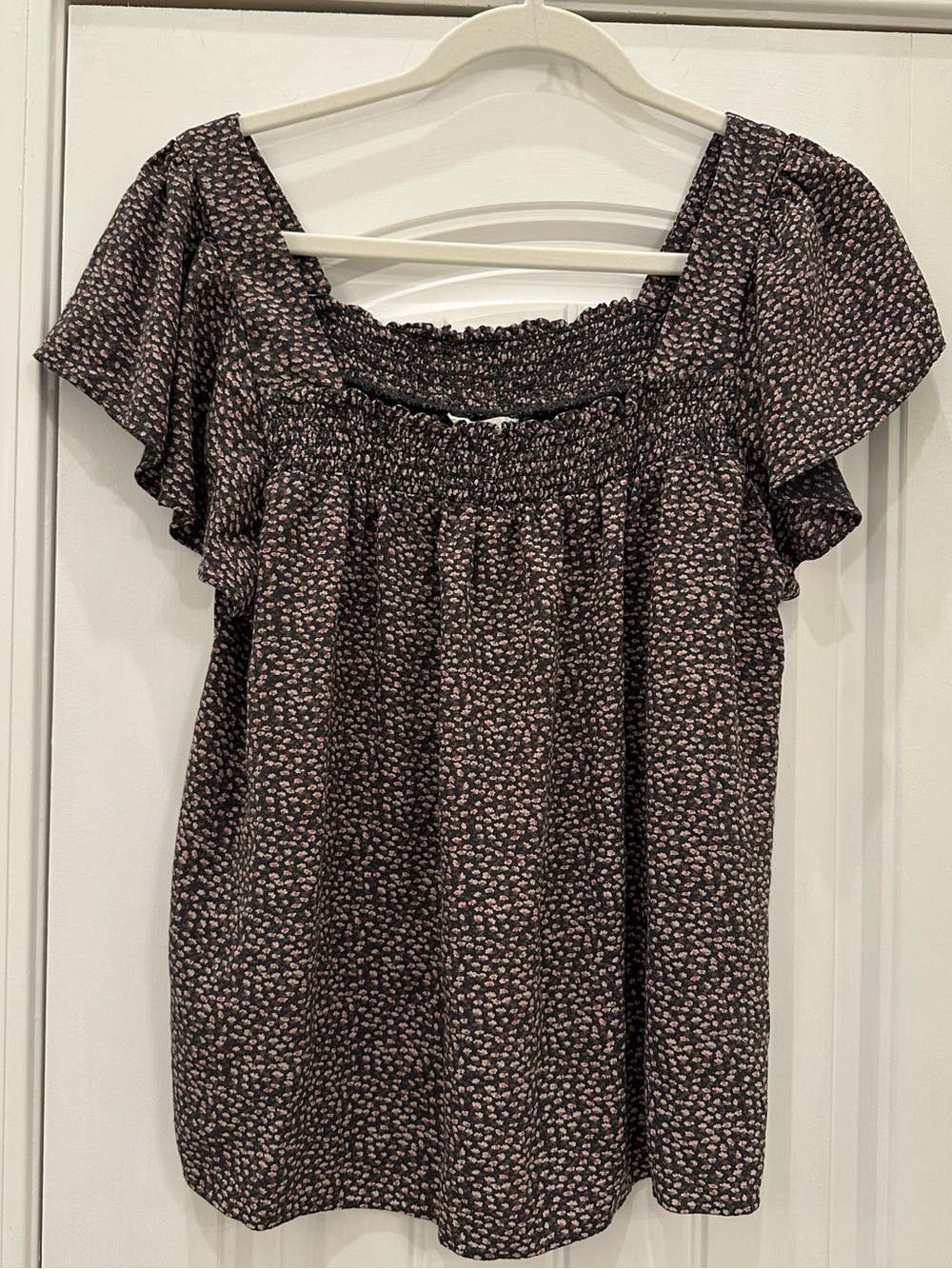Lucky Brand Black Smocked Peasant Blouse with Floral Print L